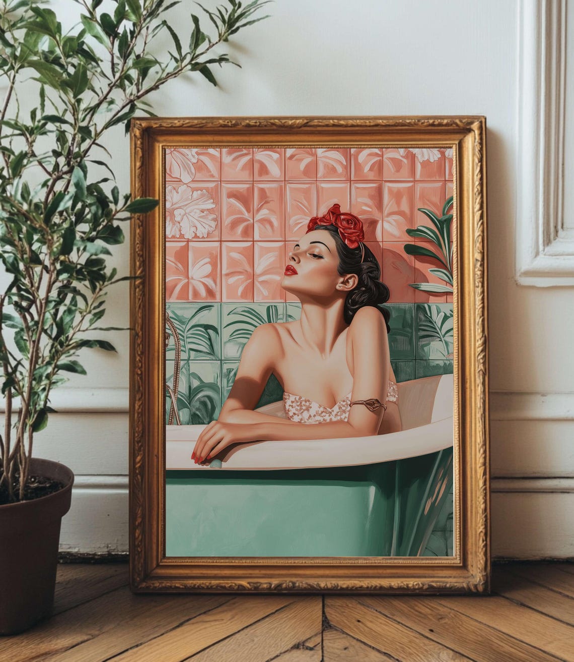 Pin-Up Woman in Bathtub Gold Frame Tropical Bathroom Wall Art