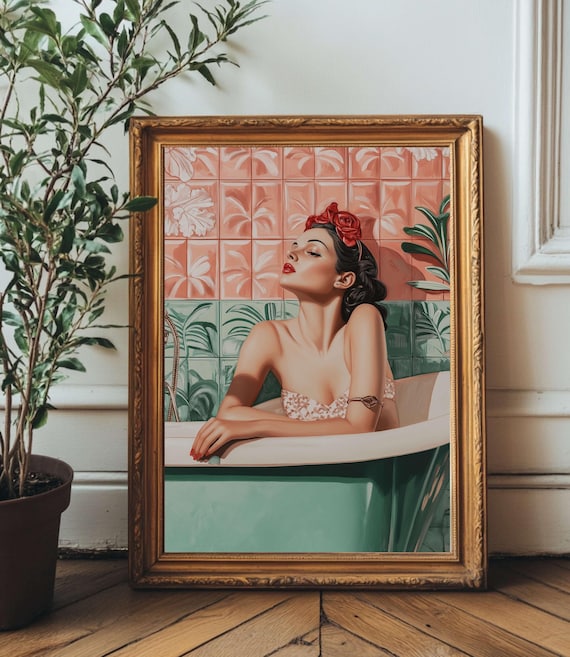 Retro Glam Bathroom Wall Art Vintage Woman In Bathtub Pinup Style Midcentury Green Tiles Emerald Artwork