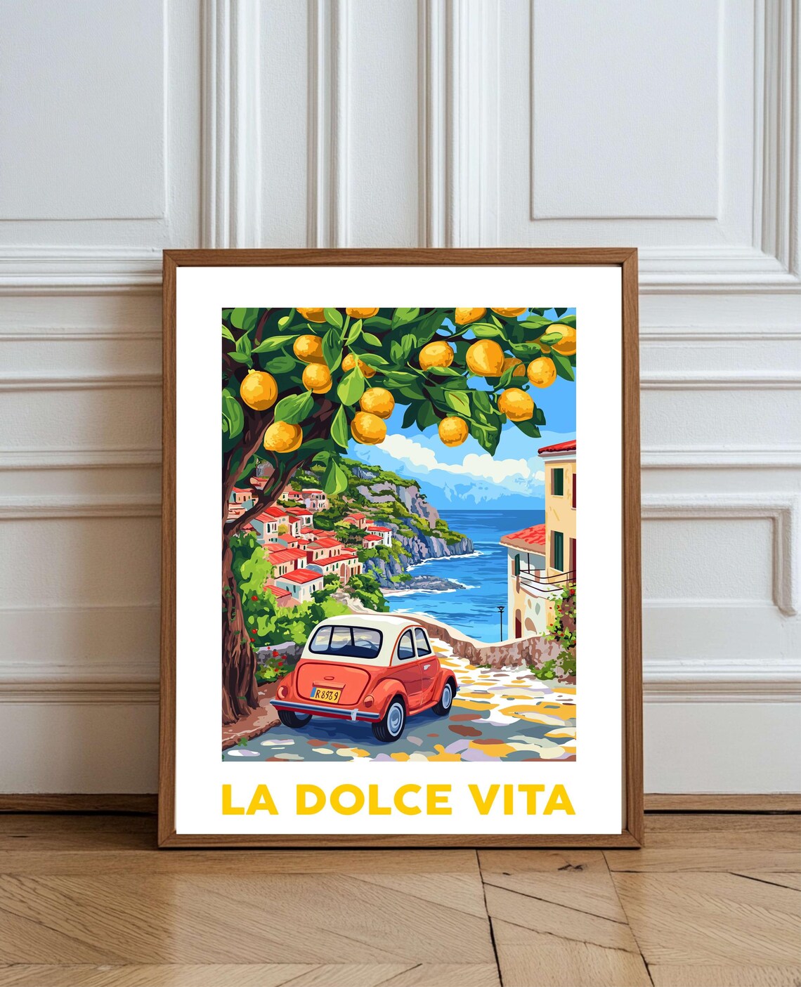La Dolce Vita Red Fiat 500 Under Lemon Tree Coastal View Travel Poster