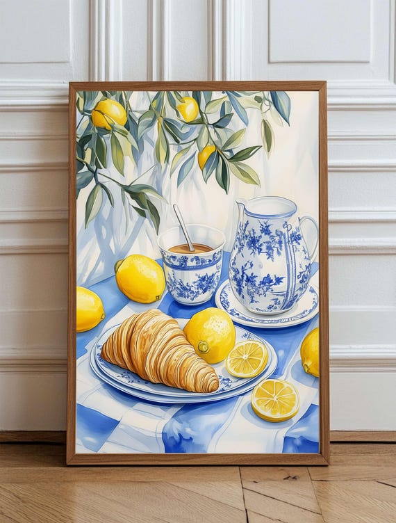 Italian Sicily Breakfast Lemon Kitchen Blue And Yellow Watercolor Still Life With Lemons Botanical Striped Tablecloth