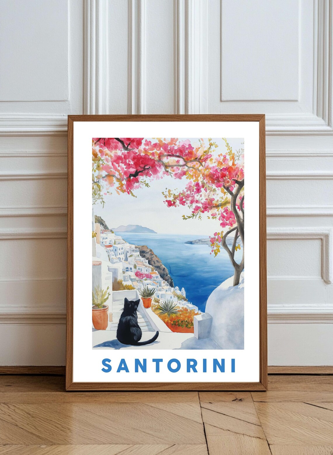 Black Cat Santorini Caldera Bougainvillea Watercolor Travel Poster