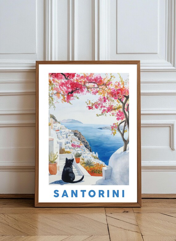 Black Cat Santorini Caldera Bougainvillea Watercolor Travel Poster