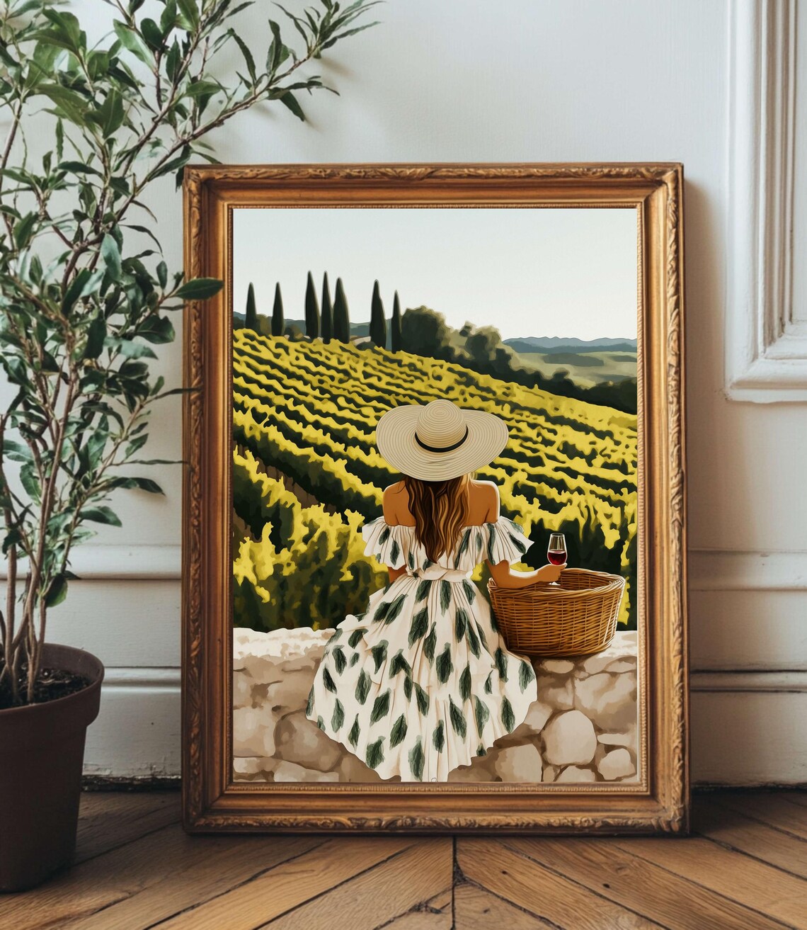 Woman Overlooking a Tuscan Vineyard Holding a Wine Glass Poster