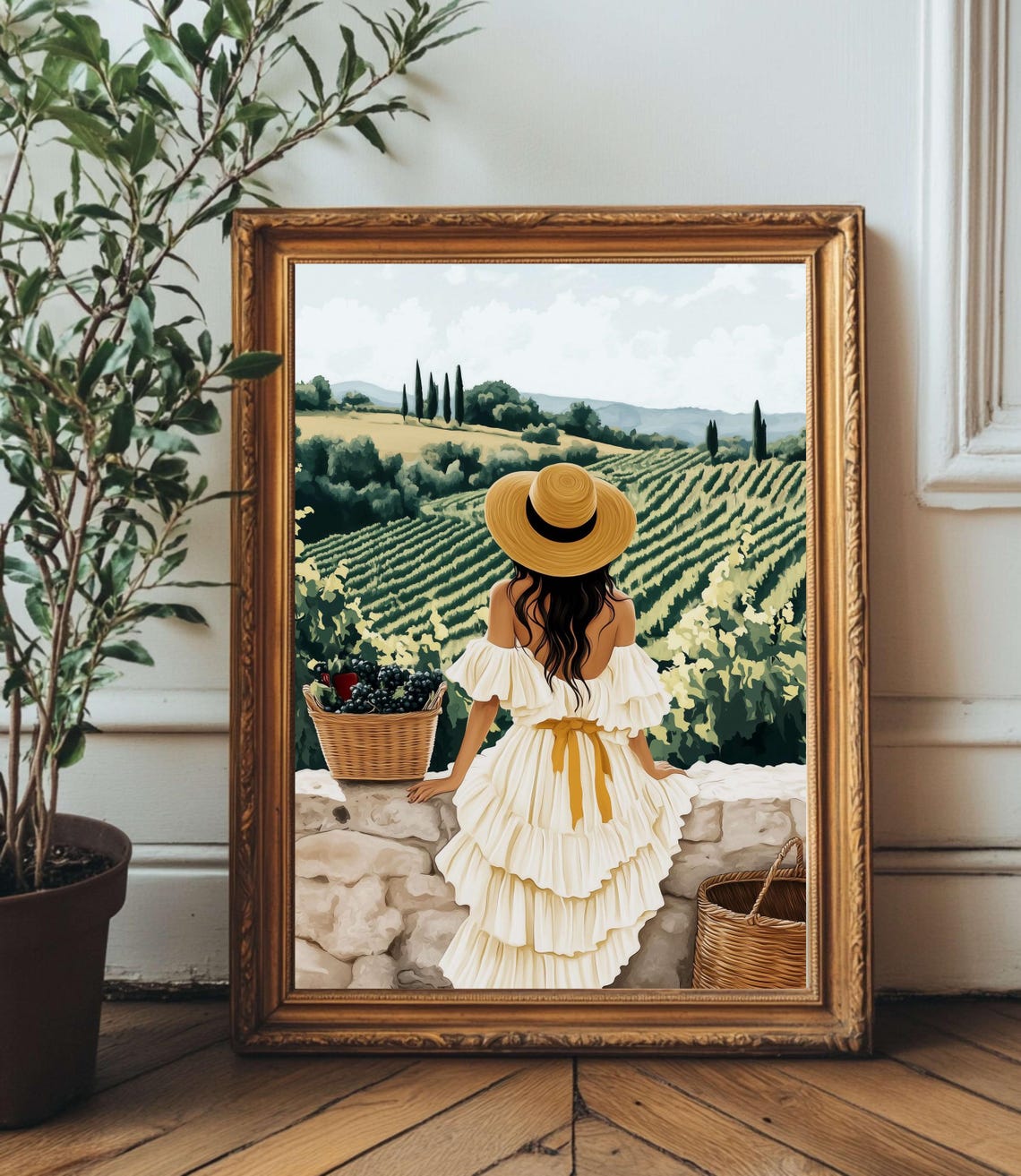 Woman in Straw Hat Overlooking Rolling Tuscan Vineyards Poster