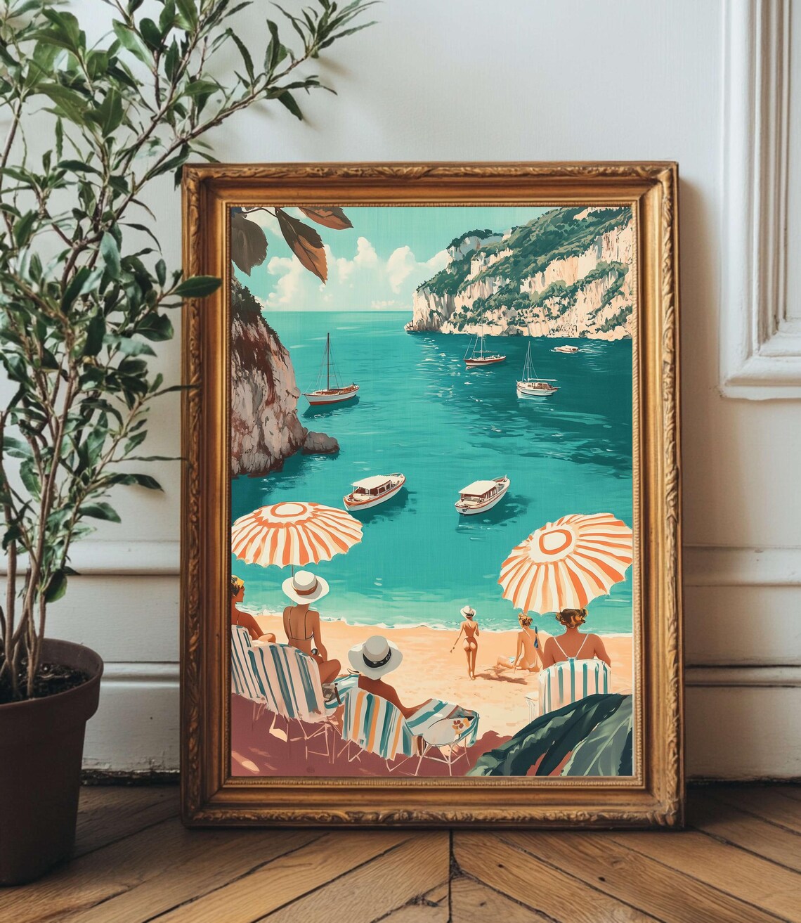 Retro Italian Cove With Boats and Striped Umbrellas Beach Poster