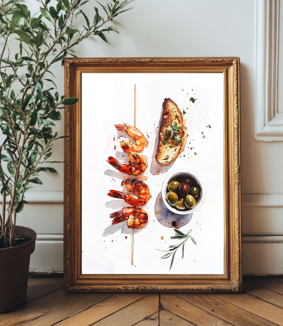 Mediterranean Tapas Watercolor Shrimp Skewer and Olives Poster