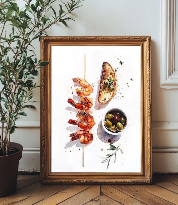 Mediterranean Tapas Watercolor Shrimp Skewer and Olives Poster