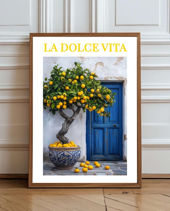 La Dolce Vita Lemon Tree in Pot Beside Blue Door Italian Poster