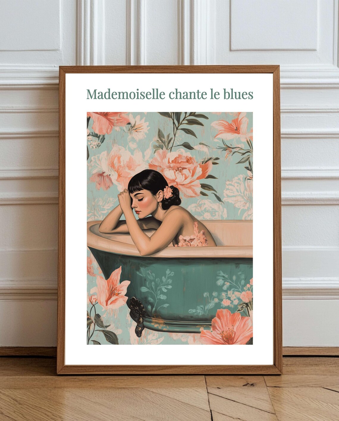 Mademoiselle Chante Le Blues French Vintage Bathtub Floral Art Poster