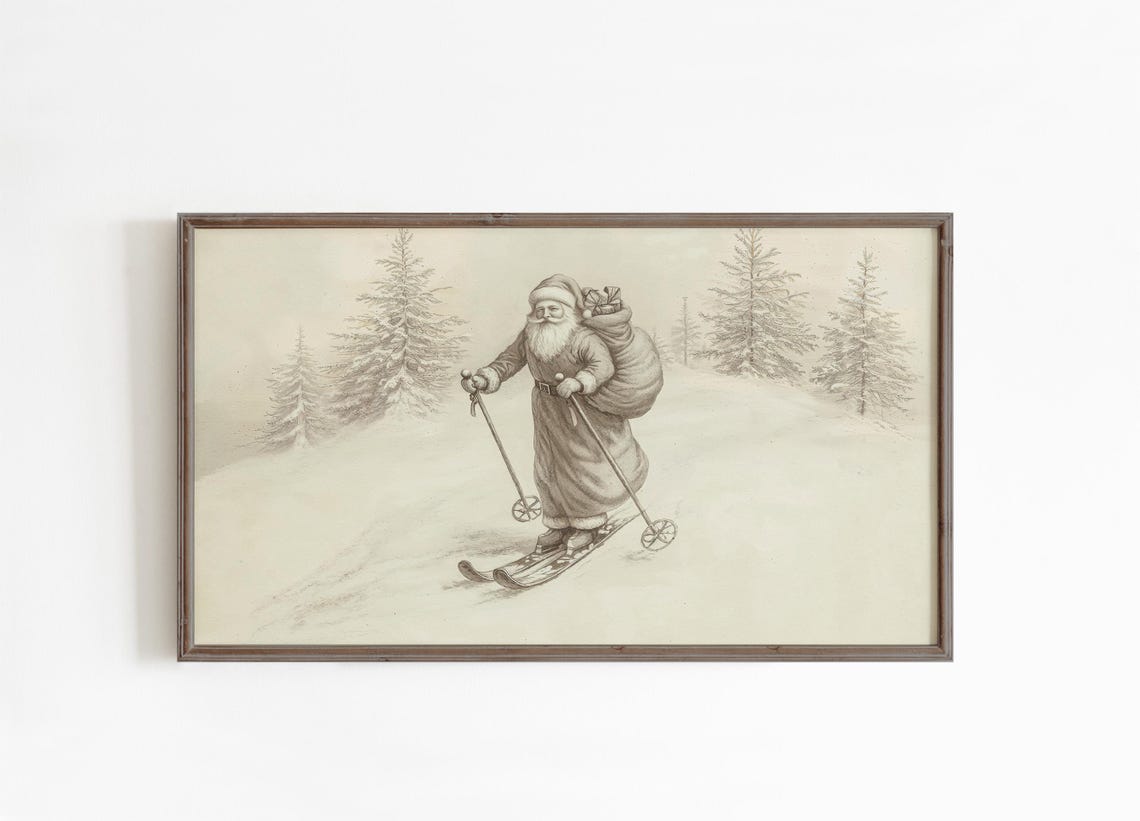 Vintage Santa Claus Skiing Snow Sketch Neutral Christmas Poster - Image 2