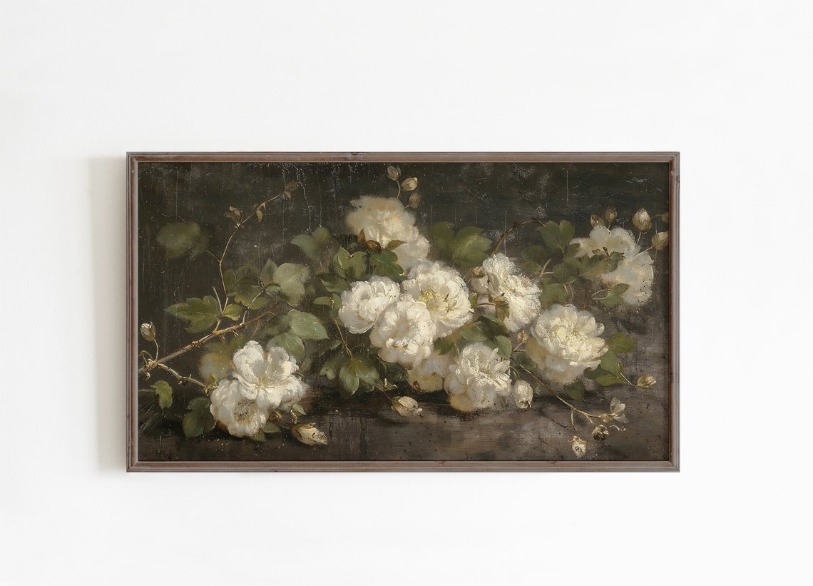 White Roses Moody Floral Painting Dark Romantic Bloom Wall Art - Image 2
