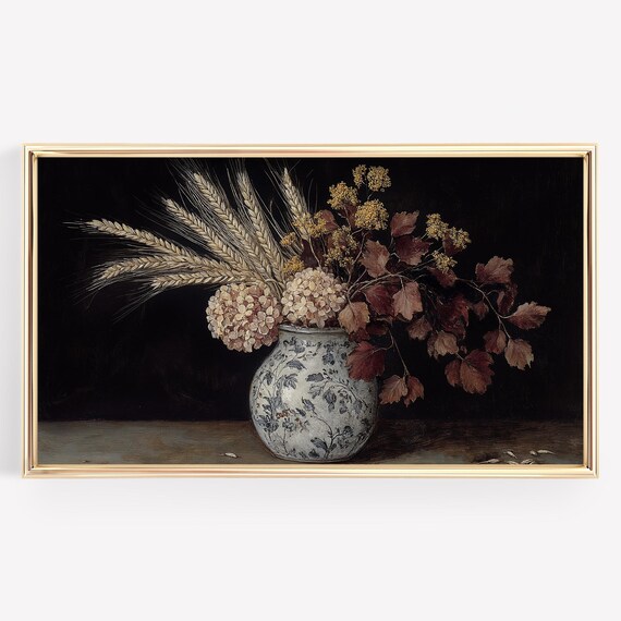 Moody Autumn Still Life with Wheat and Leaves Dark Art Poster