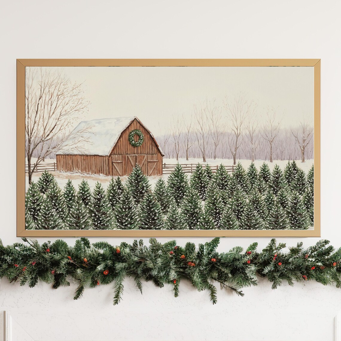 Christmas Tree Farm Red Barn Snowy Field Winter Painting Poster - Image 3