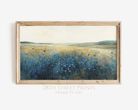 Blue Wildflower Meadow Golden Field Misty Horizon Landscape Poster