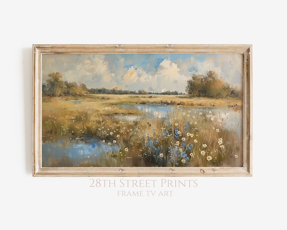 Tranquil Lakeside Wildflower Meadow Pond Cloudy Sky Spring Landscape Art Print