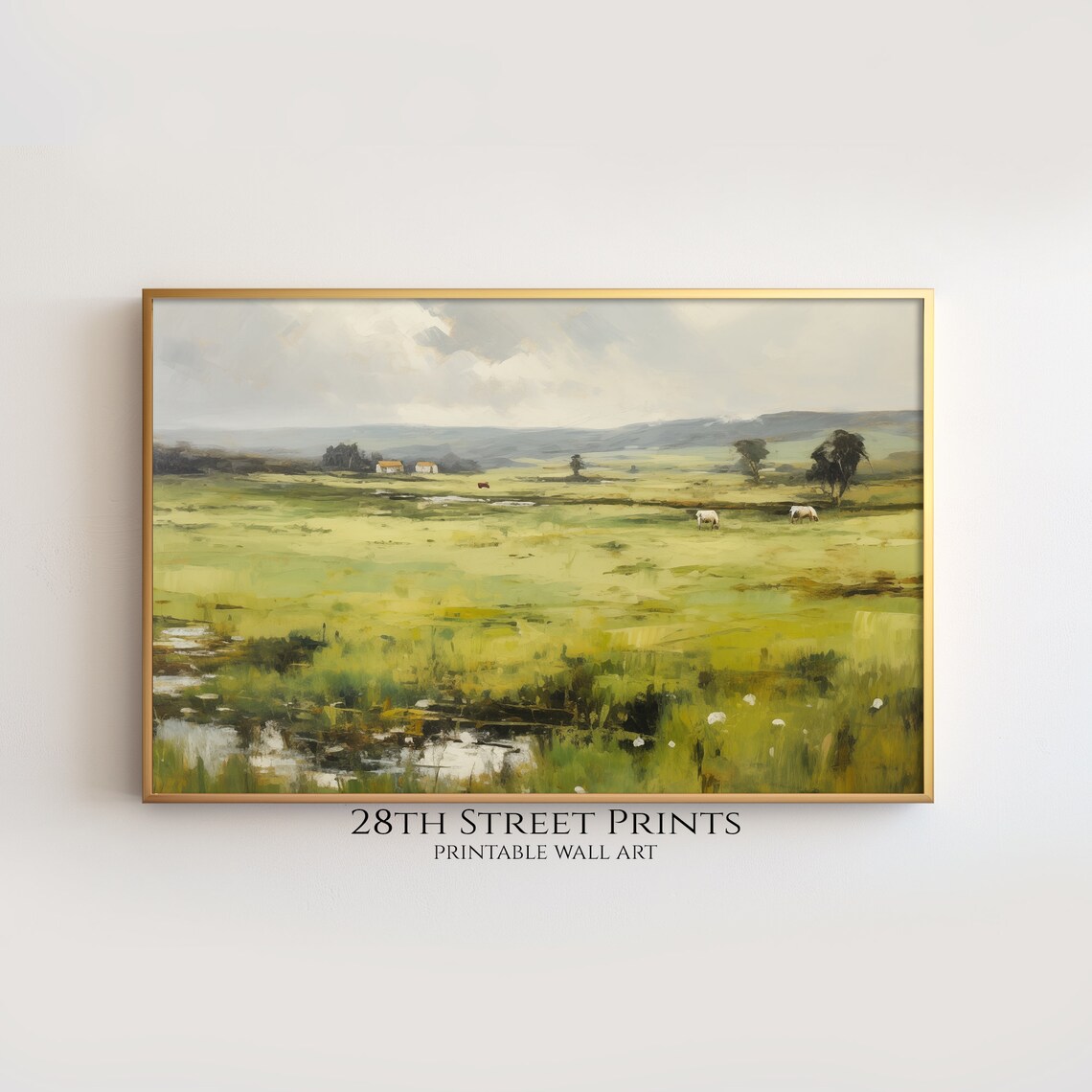 Green Pasture Cows Grazing Country Farm Cottages Moody Sky Wall Art - Image 2