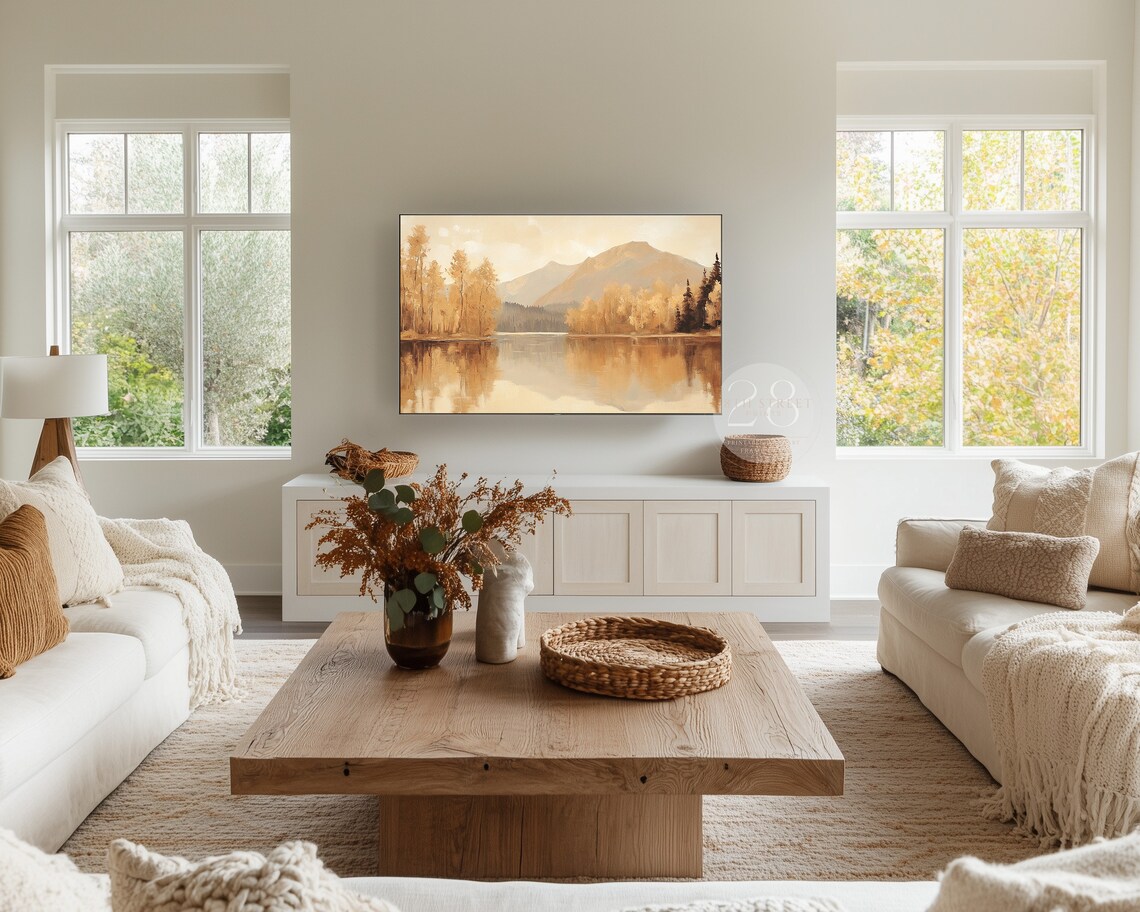 Golden Autumn Lake Beige Trees Mountain Reflection Neutral Landscape Poster - Image 3