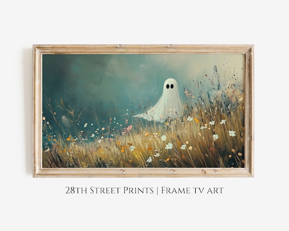 Cute White Ghost Wildflower Meadow Teal Halloween Whimsical Painting Poster