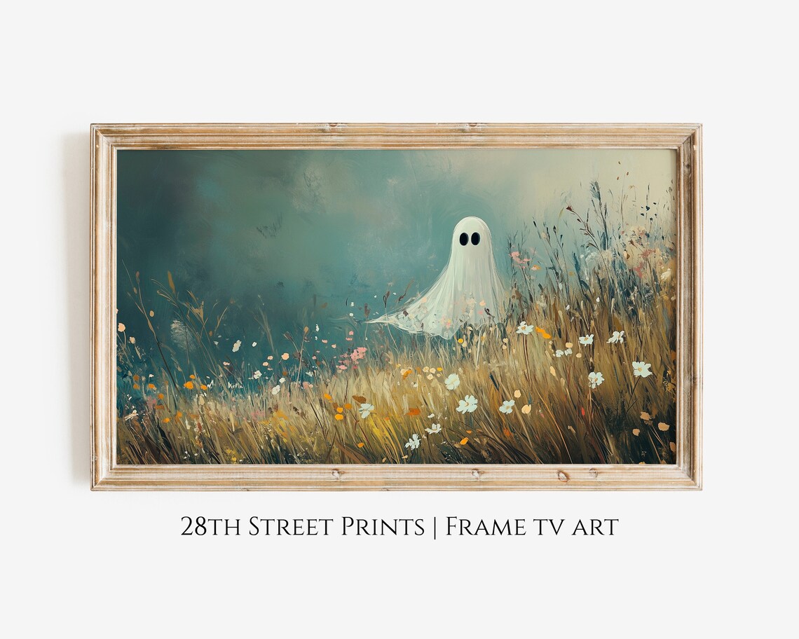 Cute White Ghost Wildflower Meadow Teal Halloween Whimsical Painting Poster