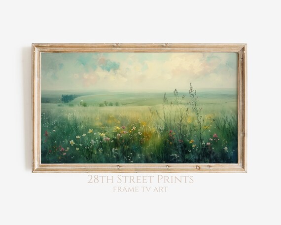 Instant Wildflower Meadow Yellow Pink Blooms Hazy Pastel Sky Painting Art Print