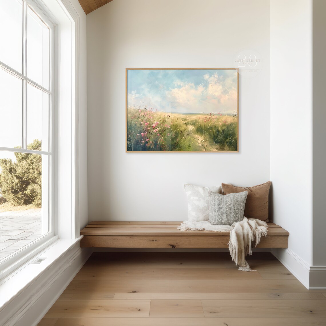 Summer Wildflower Landscape Pink Blooms Tall Grass Blue Sky Countryside Art Print - Image 2