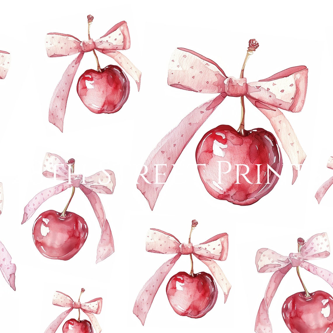 Coquette Pink Cherry Watercolor Bow Art Print Trendy Kitchen Poster - Image 2