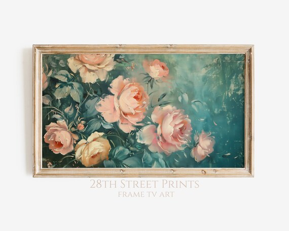 Vintage Pink Roses Dark Teal Foliage Romantic Floral Oil Painting Art Print