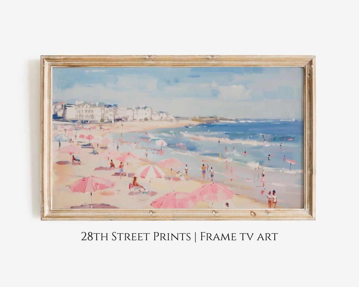 Sunny Beach Pink Umbrellas Turquoise Waves Seaside Town Scene Poster