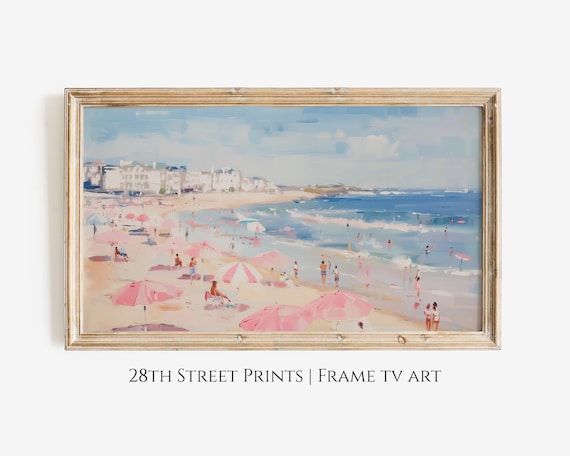 Sunny Beach Pink Umbrellas Turquoise Waves Seaside Town Scene Poster