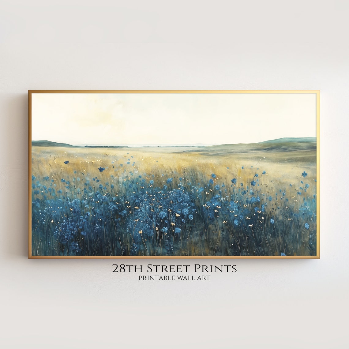 Blue Wildflower Meadow Golden Field Misty Horizon Landscape Poster - Image 2