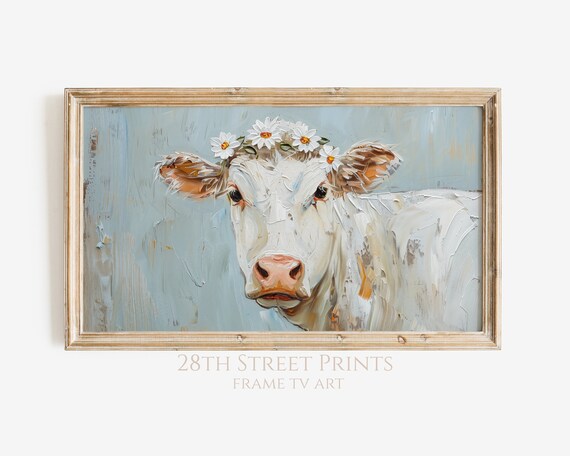 White Cow With Daisy Flower Crown Blue Farmhouse Painting Art Print Rustic