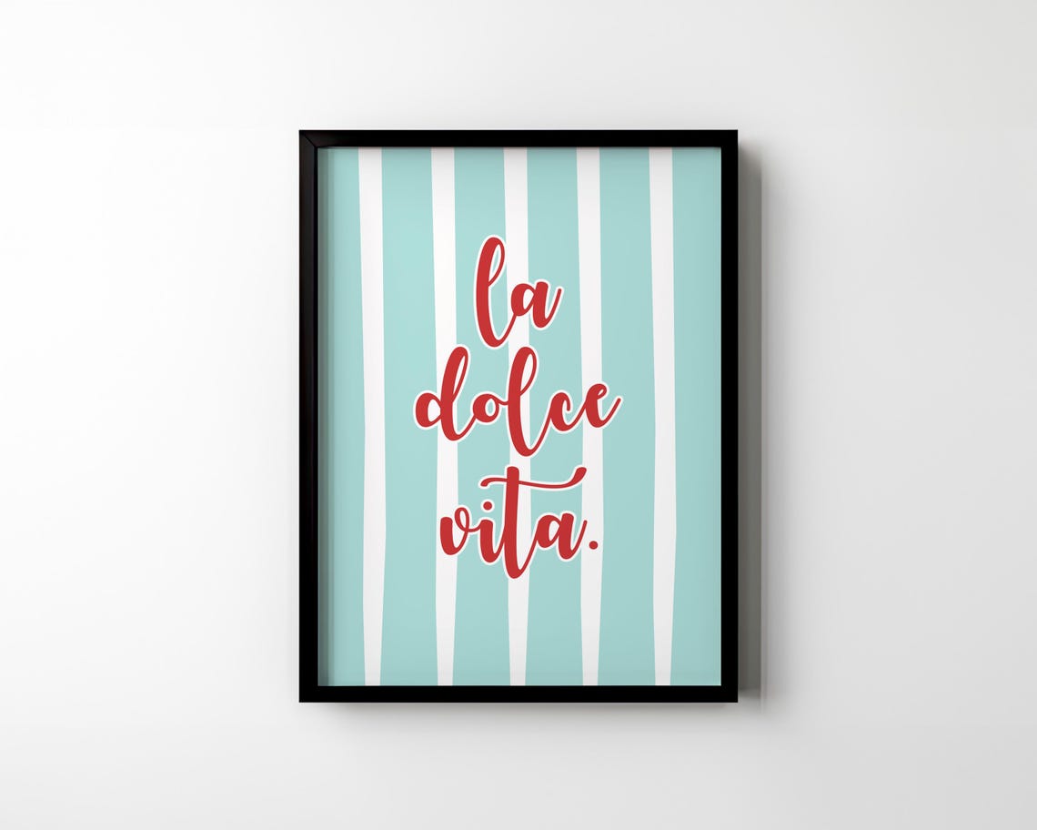 La Dolce Vita Red Script on Teal Striped Background Quote Art Poster - Image 3