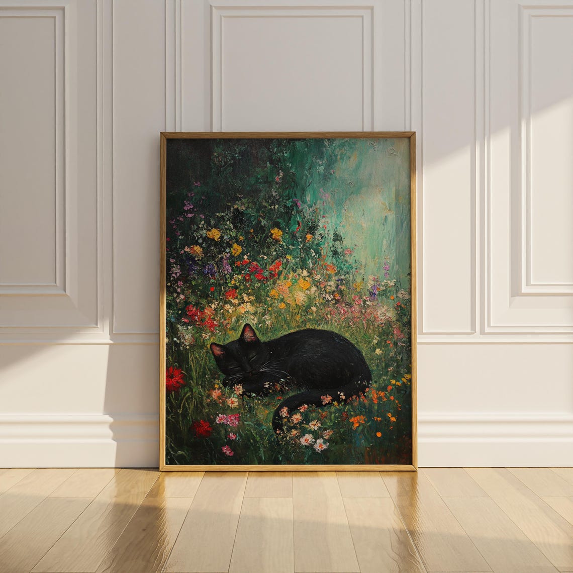 Sleeping Black Cat in a Lush Wildflower Garden Impressionist Poster - Image 2