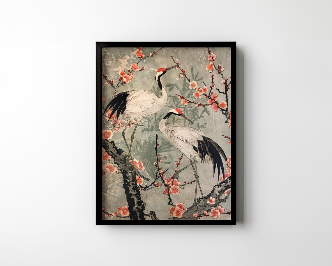 Red Crowned Cranes Among Cherry Blossoms Japanese Style Art Poster - Image 2