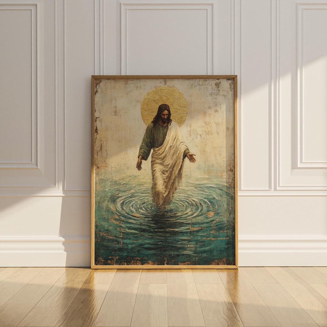 Jesus Christ Walking on Water Gold Halo Teal Ocean Christian Art Poster - Image 3