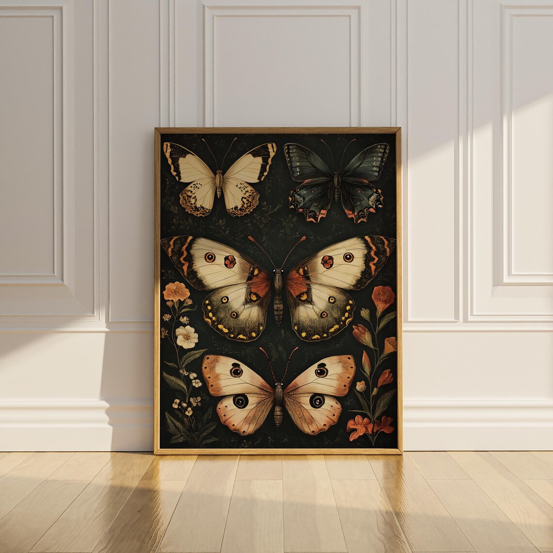 Four Butterfly Specimens Vintage Naturalist Chart Dark Floral Poster - Image 2