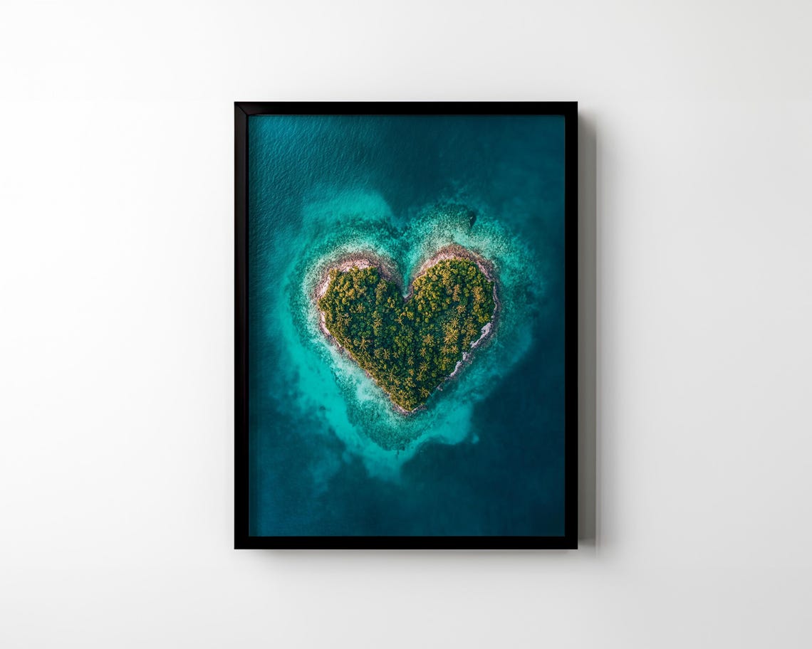 Heart Shaped Tropical Island Aerial View Turquoise Ocean Wall Art - Image 2