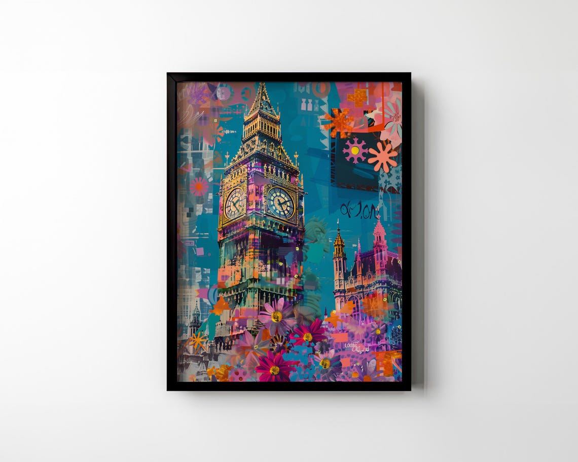 Big Ben London Colorful Pop Art Collage with Bright Flowers Poster - Image 2
