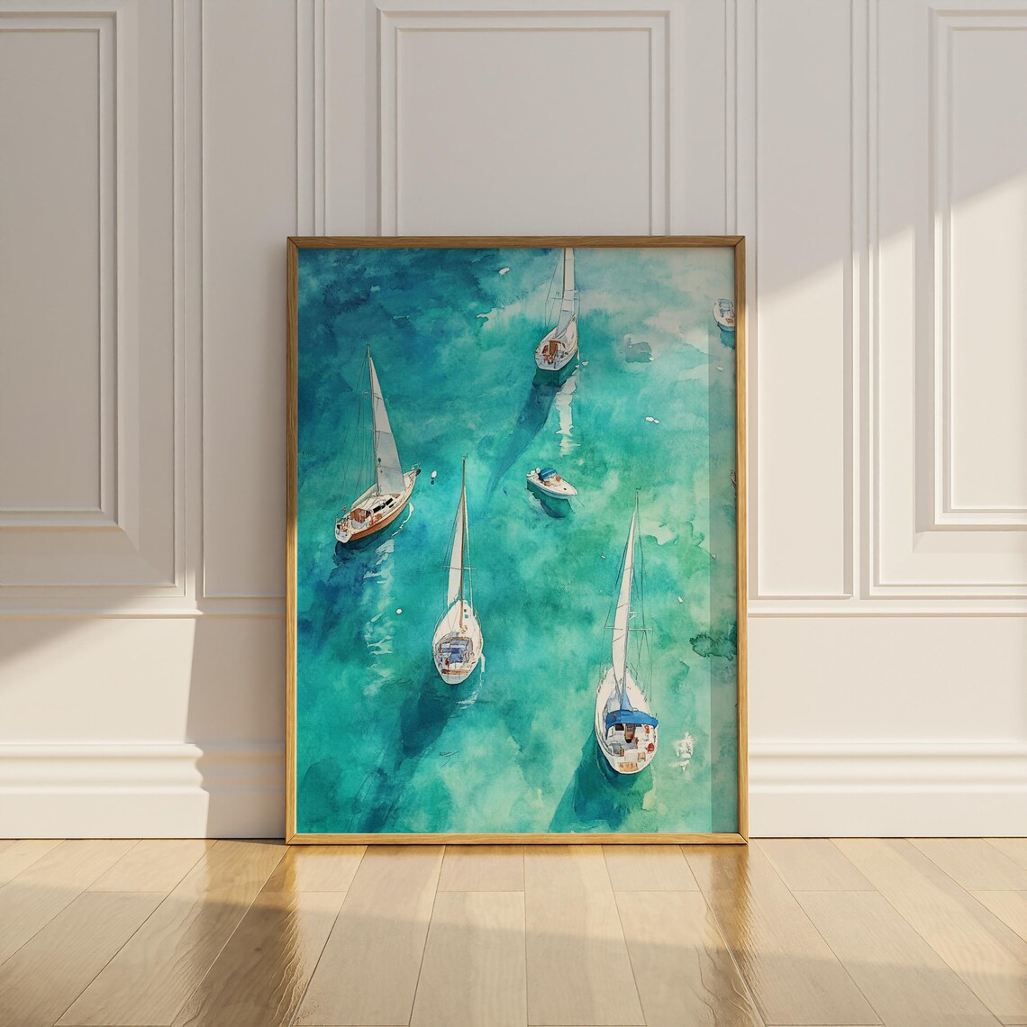Sailboats from Above Turquoise Water Aerial Watercolor Sea Poster - Image 2