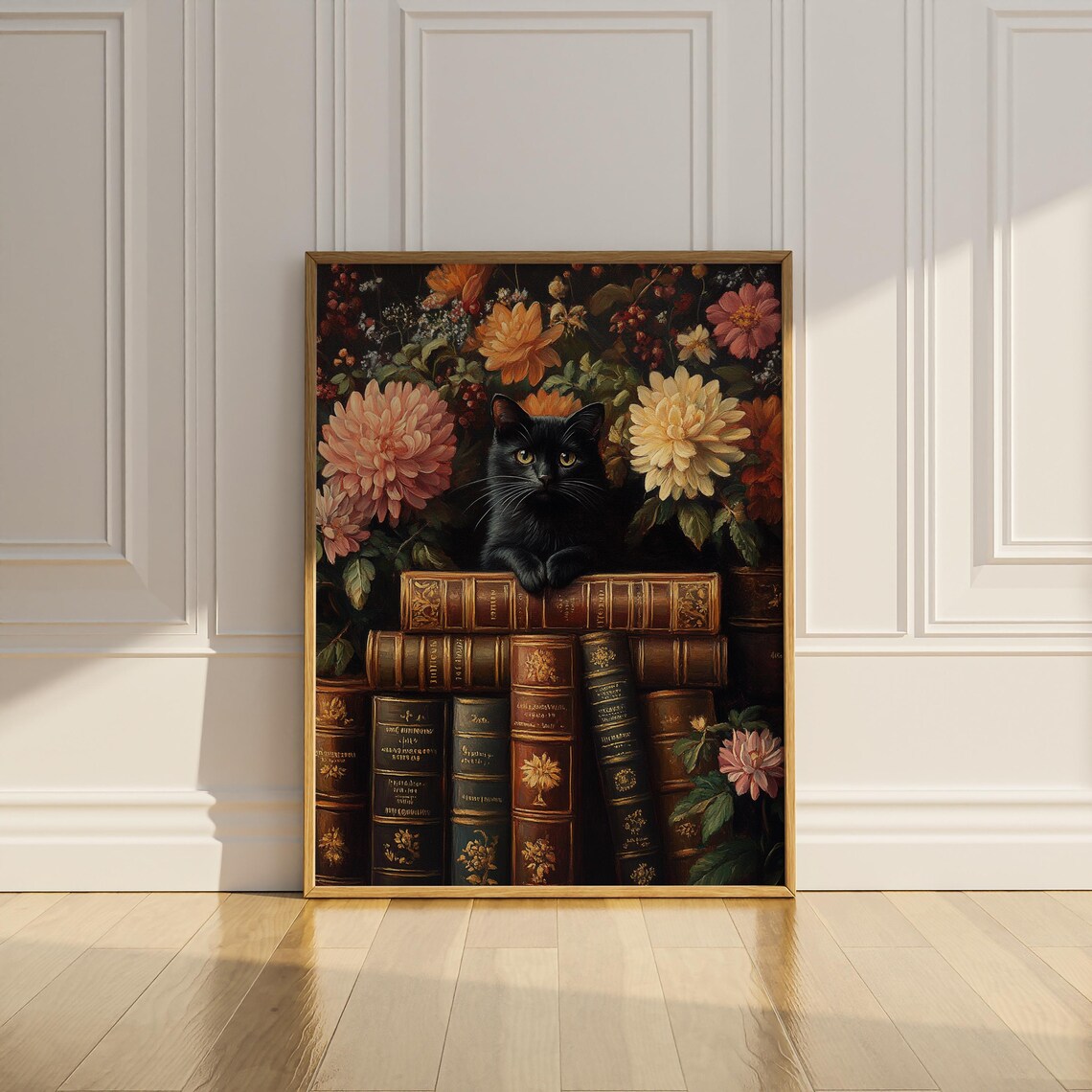 Black Cat Peeking over Old Books with Dahlias Dark Art Poster - Image 2