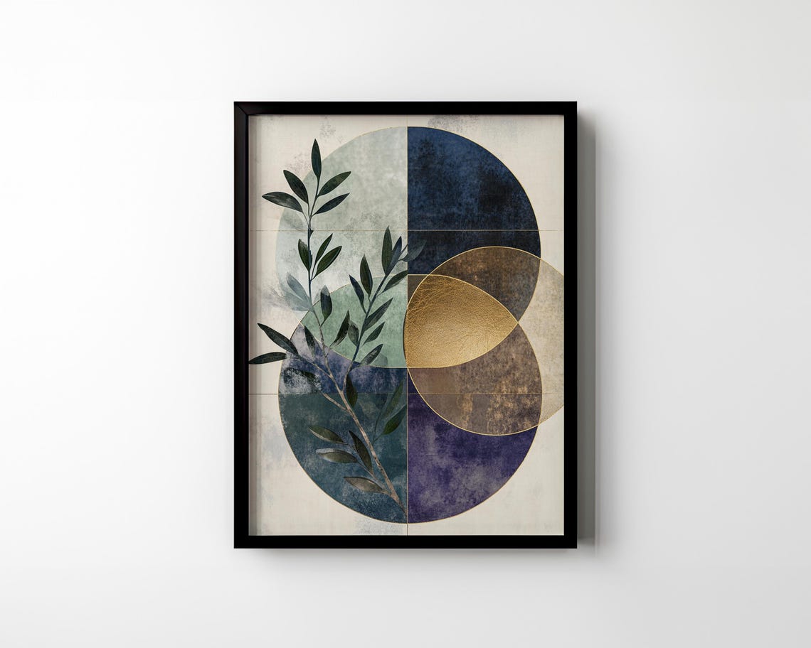 Olive Branch and Geometric Moon Circles Modern Botanical Poster - Image 2