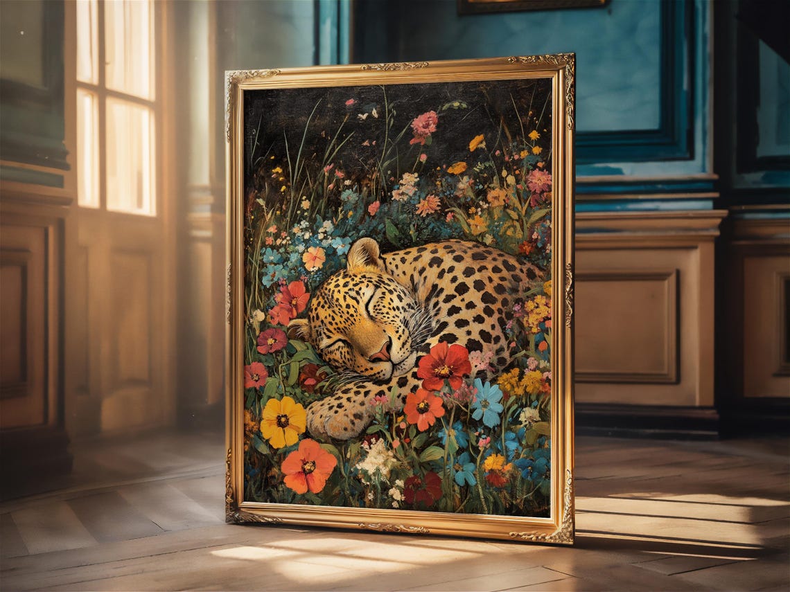 Sleeping Leopard in a Night Garden of Wildflowers Art Poster - Image 2