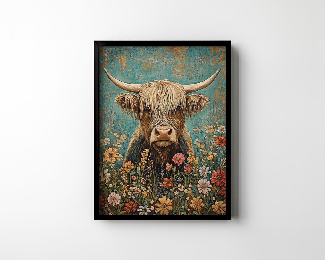 Highland Cow in Flower Meadow Rustic Teal Country Portrait Poster - Image 2