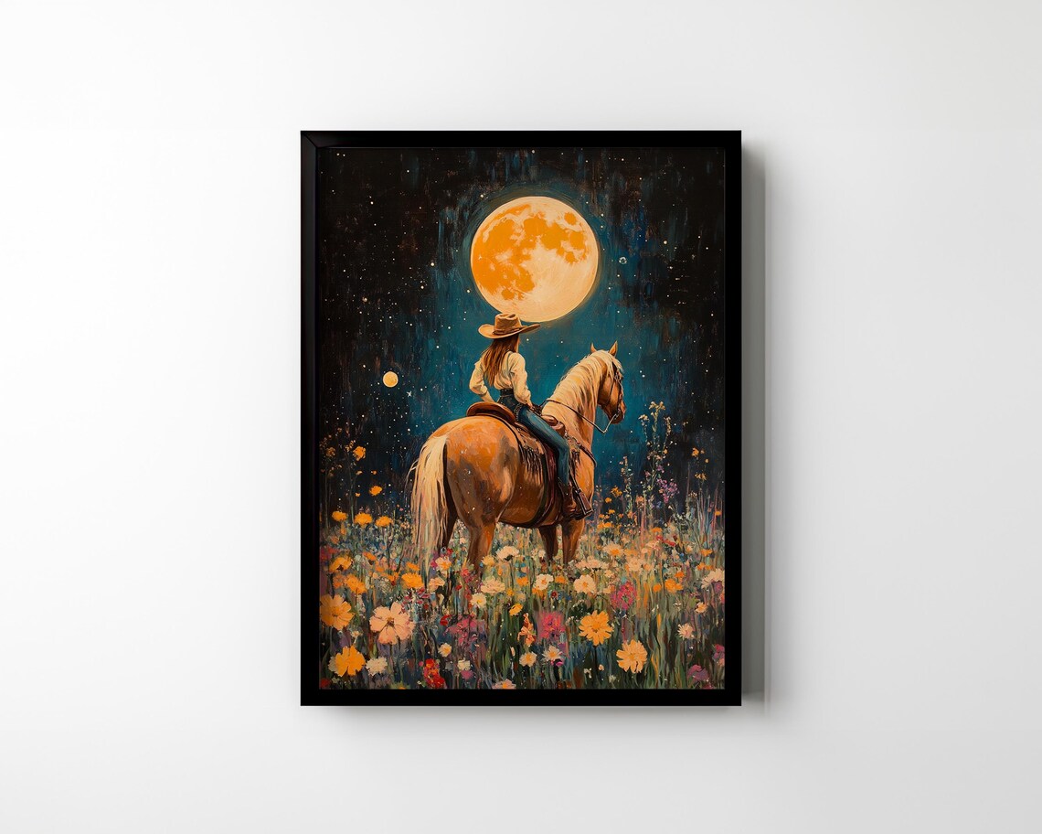 Cowgirl Riding Horse in Wildflowers, Boho Western Art Print - Image 2