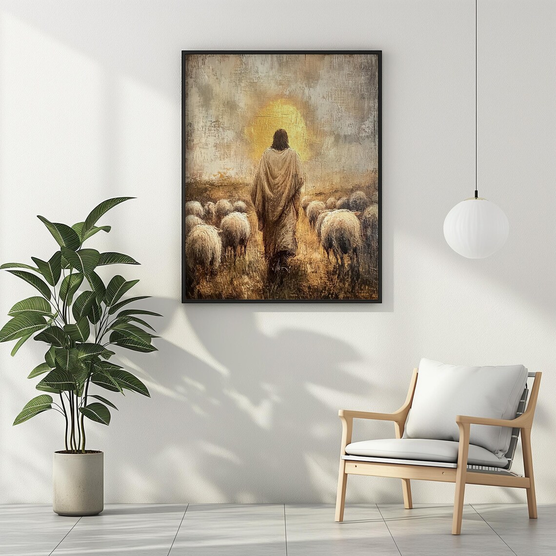 Jesus the Good Shepherd Leading Flock toward Golden Light Art Poster - Image 2