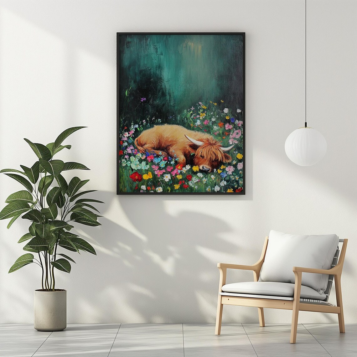 Highland Cow Sleeping In A Field Of Wildflowers Wall Art Oil Painting Floral Kids Bedroom Wall Decor Farmer Gift - Image 3