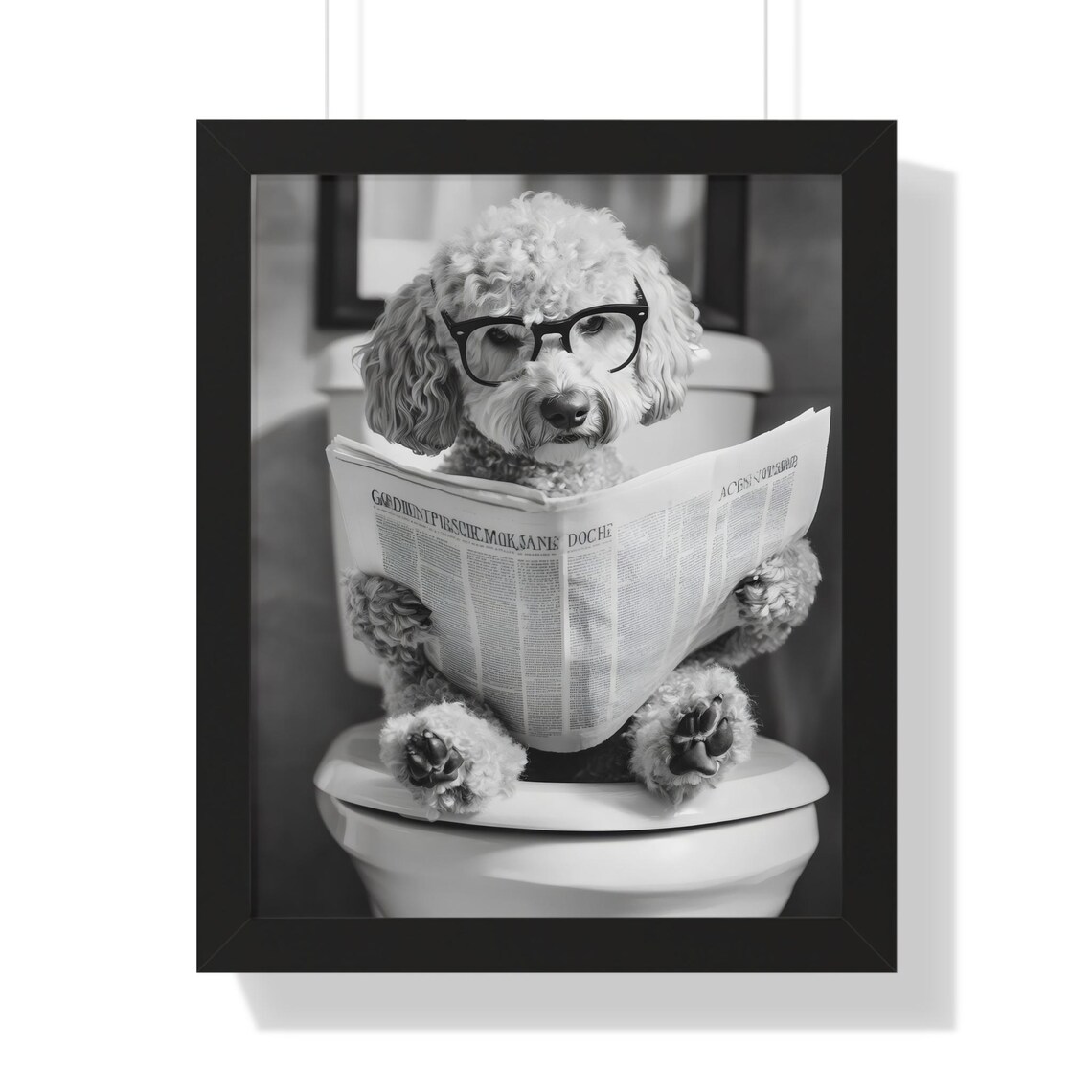 Poodle Wearing Glasses Reading Newspaper on Toilet Black White Poster - Image 3
