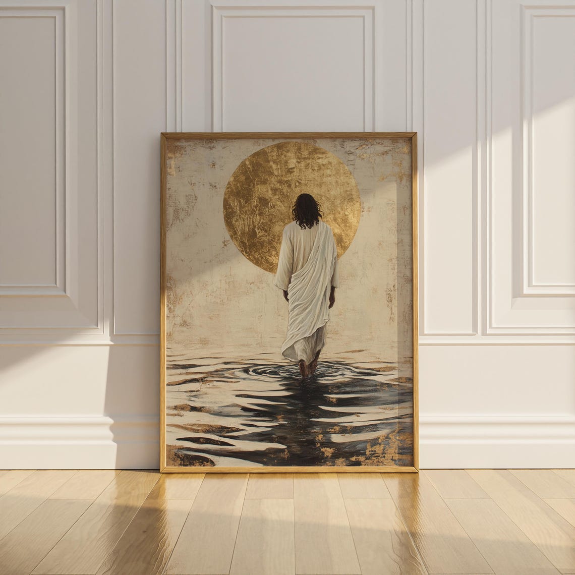 Jesus Walking toward Gold Sun on Water Minimalist Art Poster - Image 3