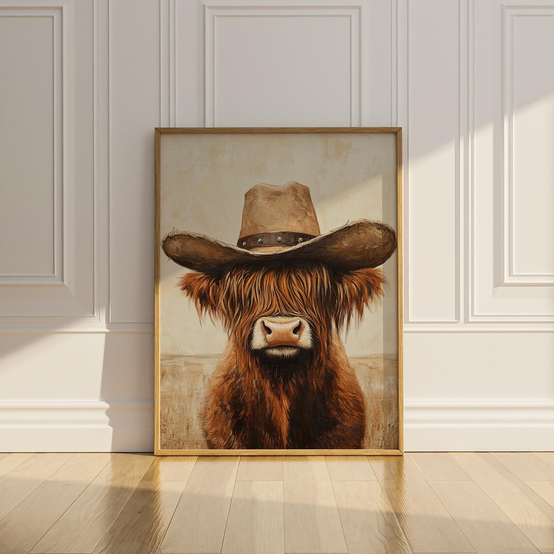 Brown Highland Cow Wearing Cowboy Hat Funny Western Farmhouse Wall Art - Image 3