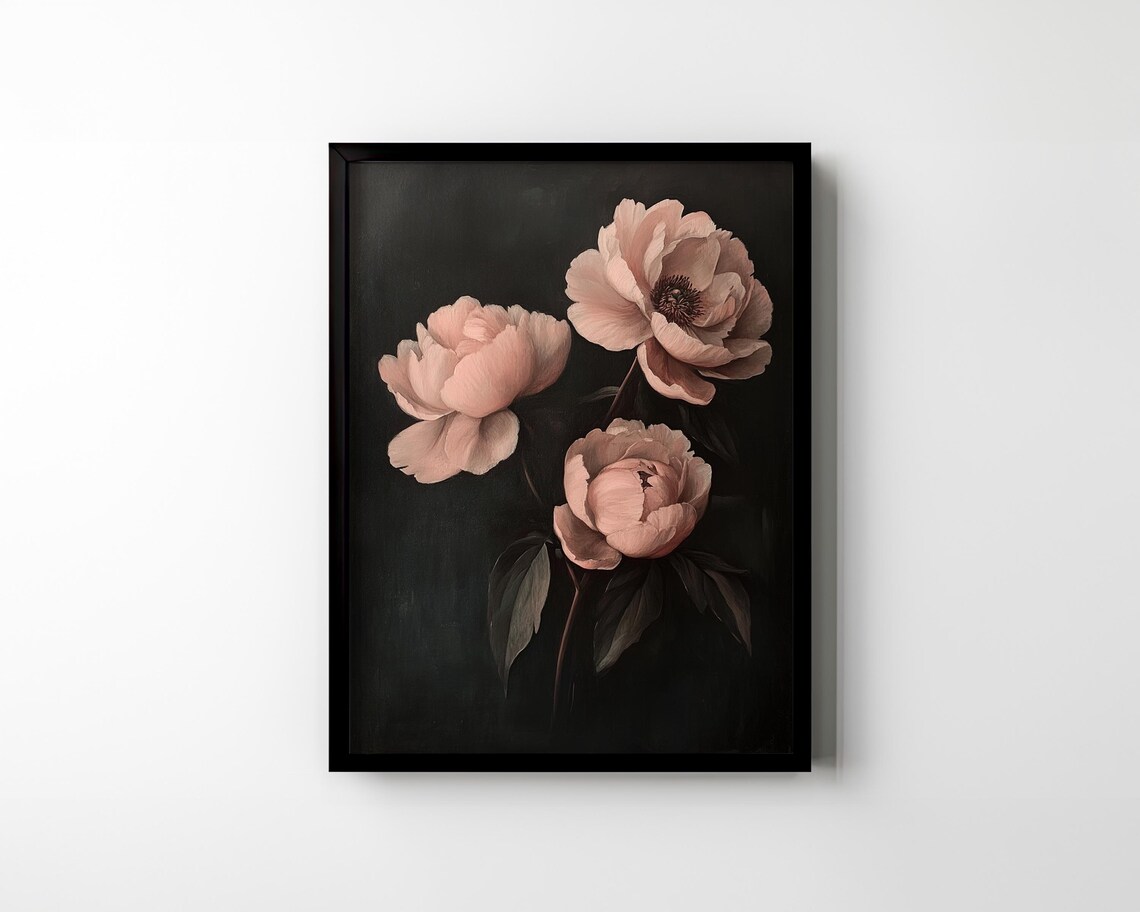Pink Peonies on Black Background Dark Academia Floral Still Life Poster - Image 2